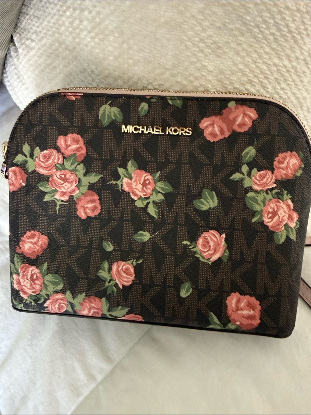 Michael Kors Brown Floral Cosmetic Case with Pink Roses